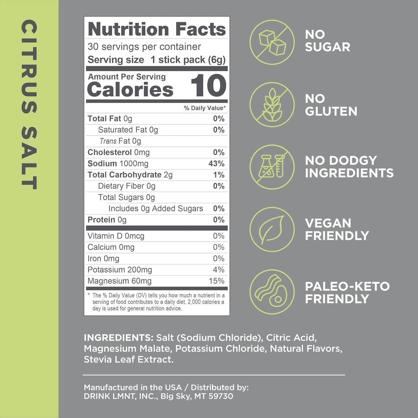 LMNT Zero Sugar Electrolyte Drink Mix – Citrus Salt, 30 Pack